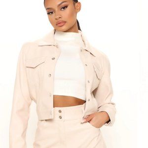Beige faux leather crop jacket